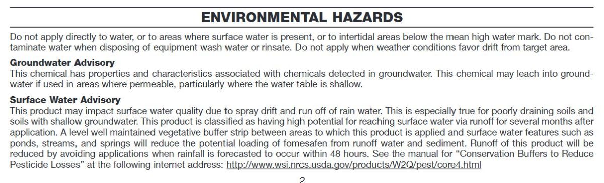 environmental hazards on a sample herbicide use label