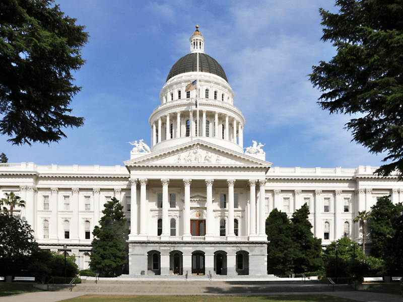 Image of the California Capitol during the day in front of a blue sky and framed by trees.