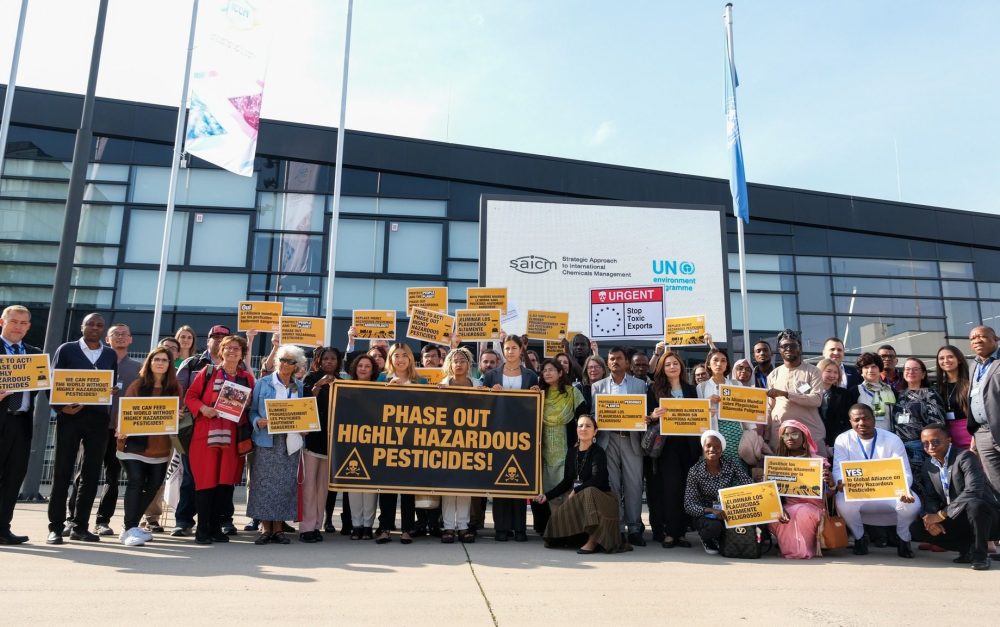A large group of people stand in front of the entrance to the World Conference center. They hold signs demanding the phasing out of highly hazardous pesticides with various strong messages.